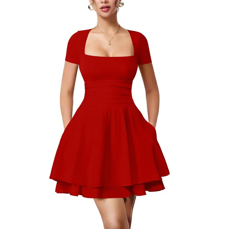 Square Neck Ruffle Pocket Mini Dress