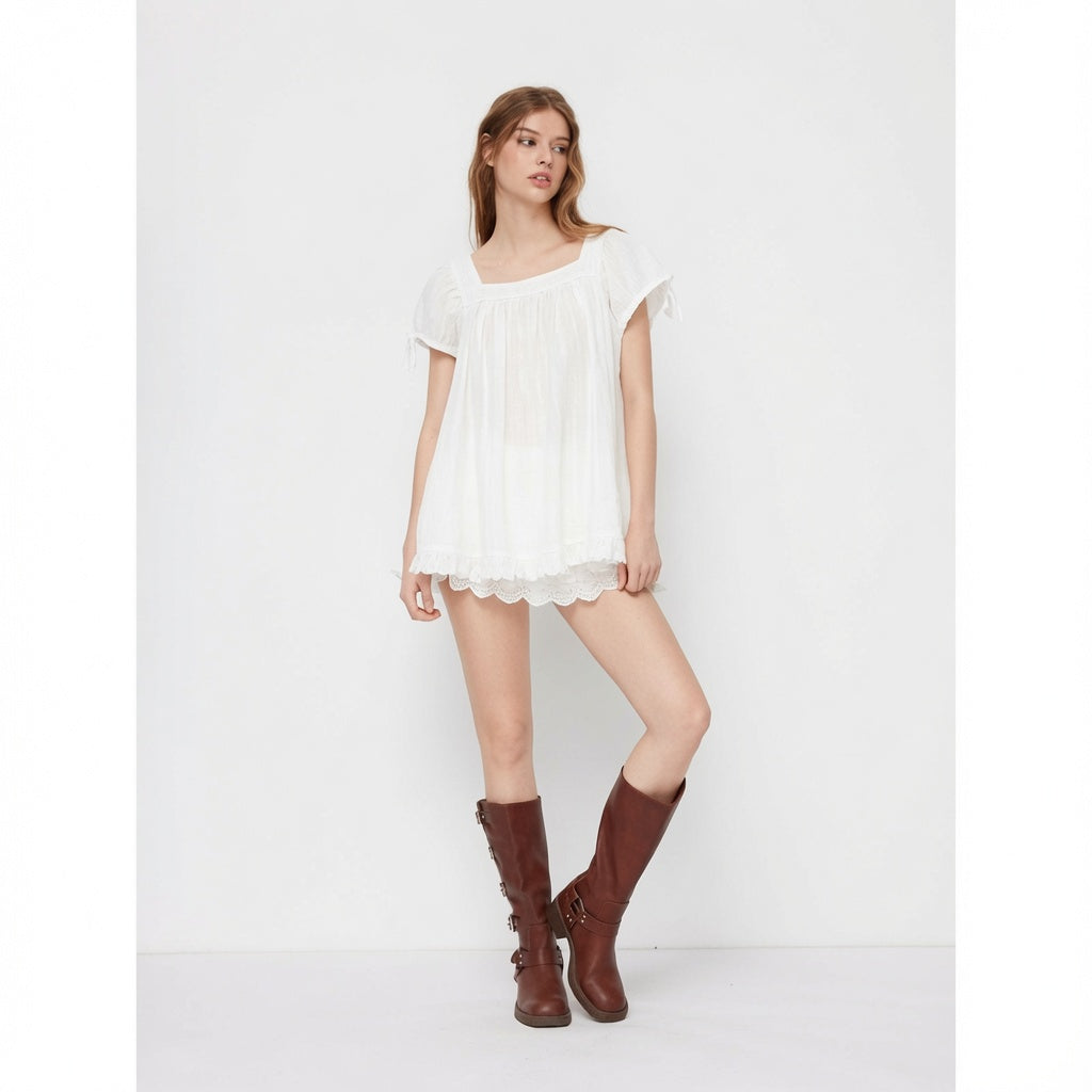 Square Neck Ruffle Tie Babydoll Top