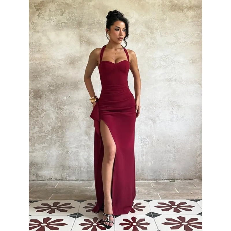 Backless Tie Halter Slit Maxi Dress