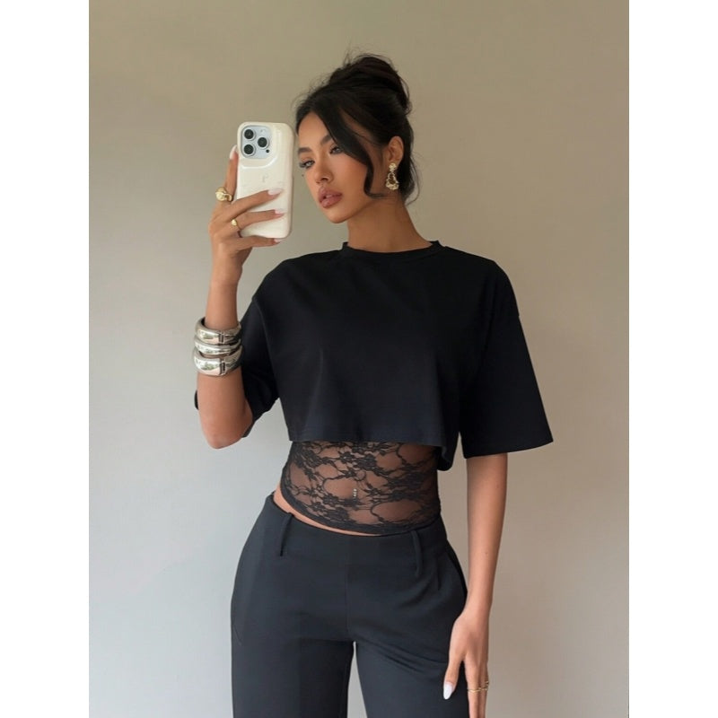 Faux Two Piece Lace Short Sleeve Tee
