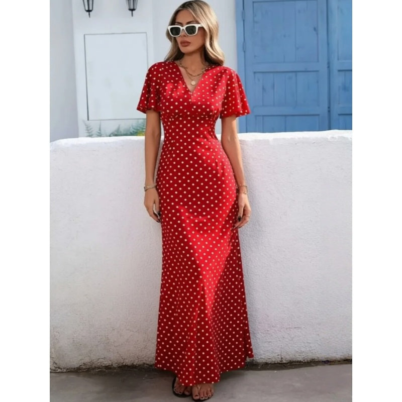 V Neck Polka Dot Mermaid Maxi Dress