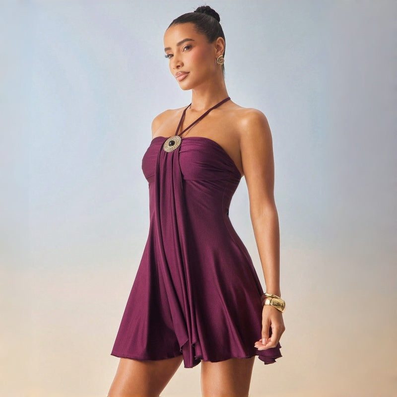 Solid Tie Halter Bandeau Mini Dress