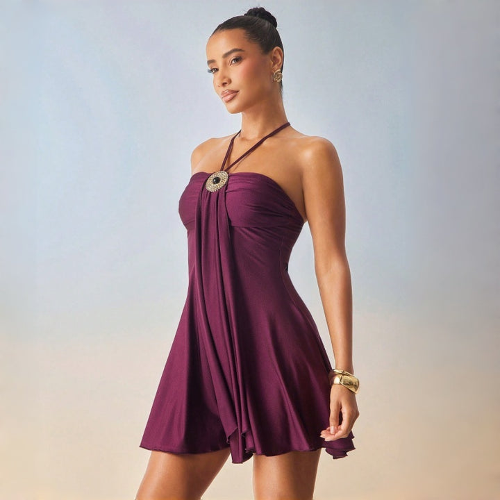 Solid Tie Halter Bandeau Mini Dress