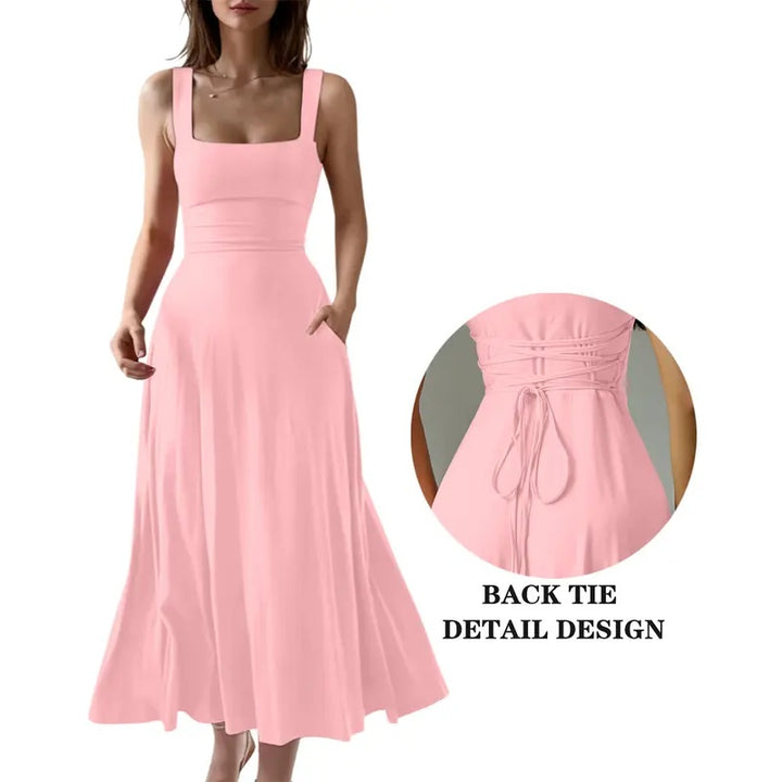 Square Neck Back Tie Pocket Maxi Dress