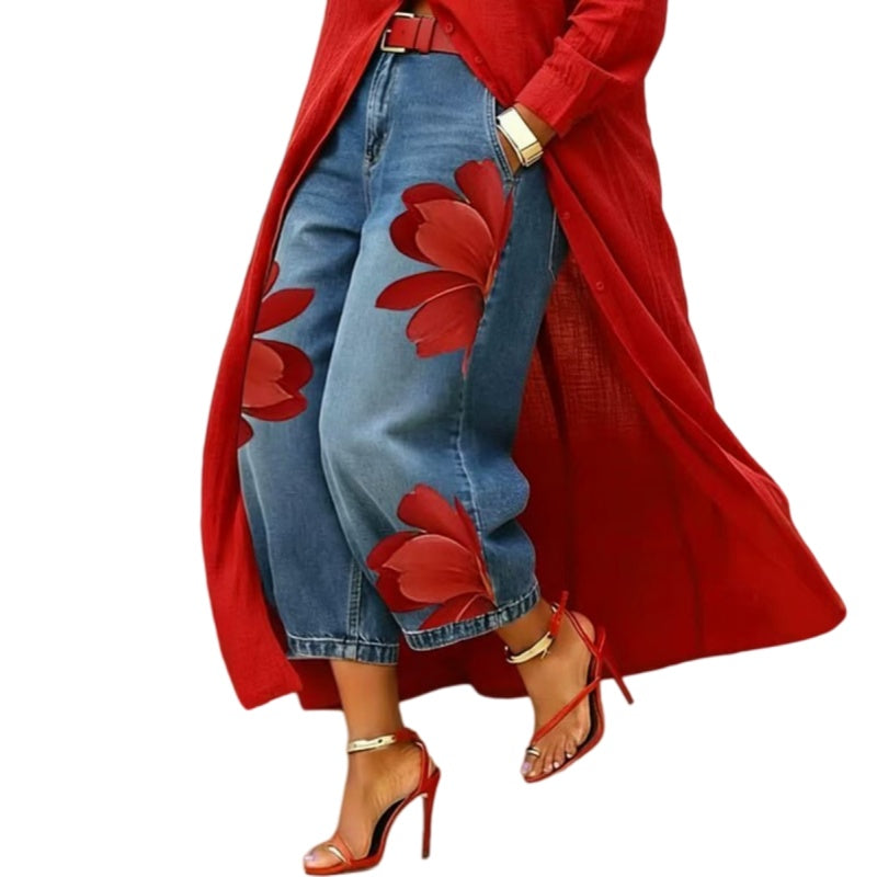 Floral Print Wide Leg Denim Look Pants
