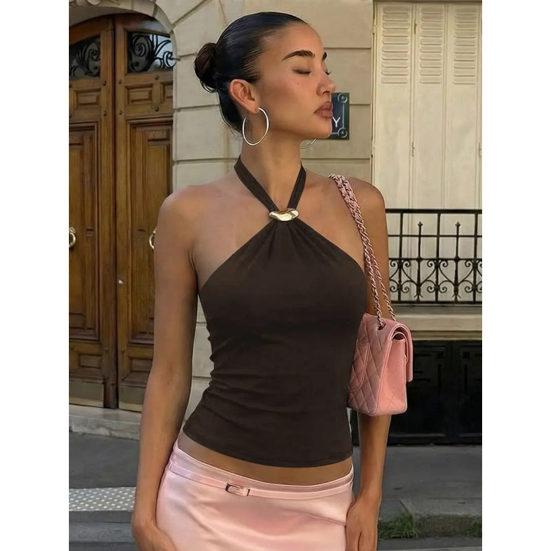 Metal Ring Halter Backless Top