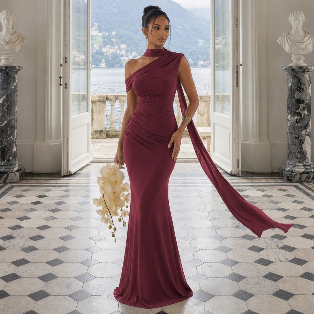 One Shoulder Scarf Mermaid Gown