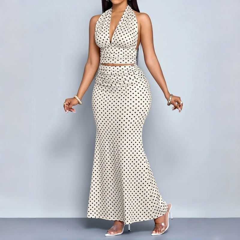 Polka Dot Halter Fishtail Skirt Set
