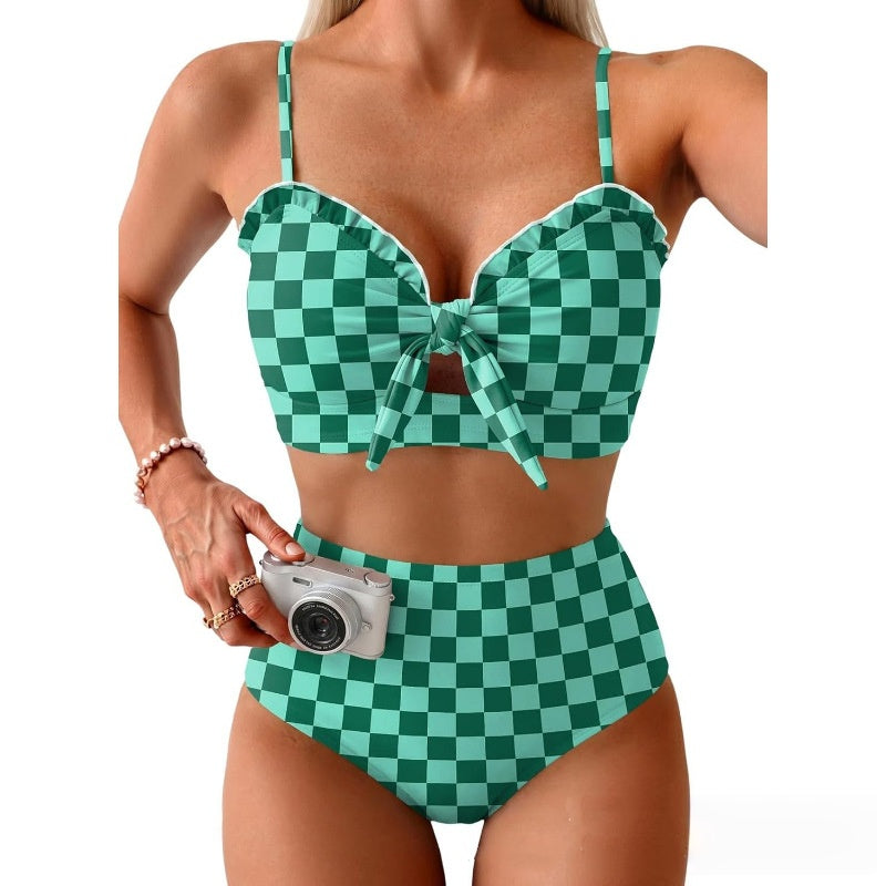 Striped Print Tie Front Bikini Set