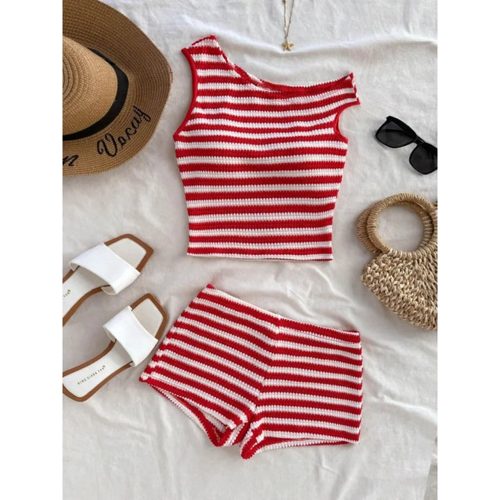 Striped Knit Tank Top Shorts Set