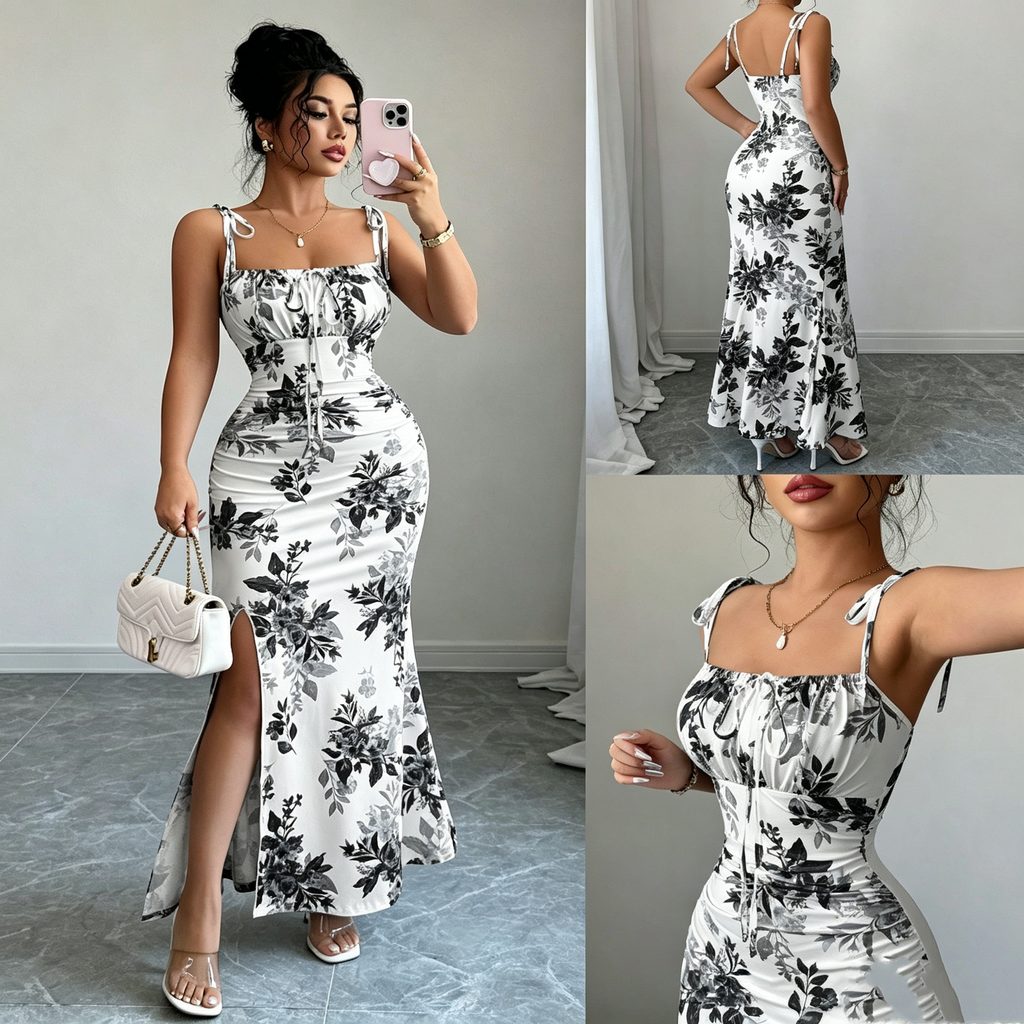 Printed Spaghetti Strap Slit Dress