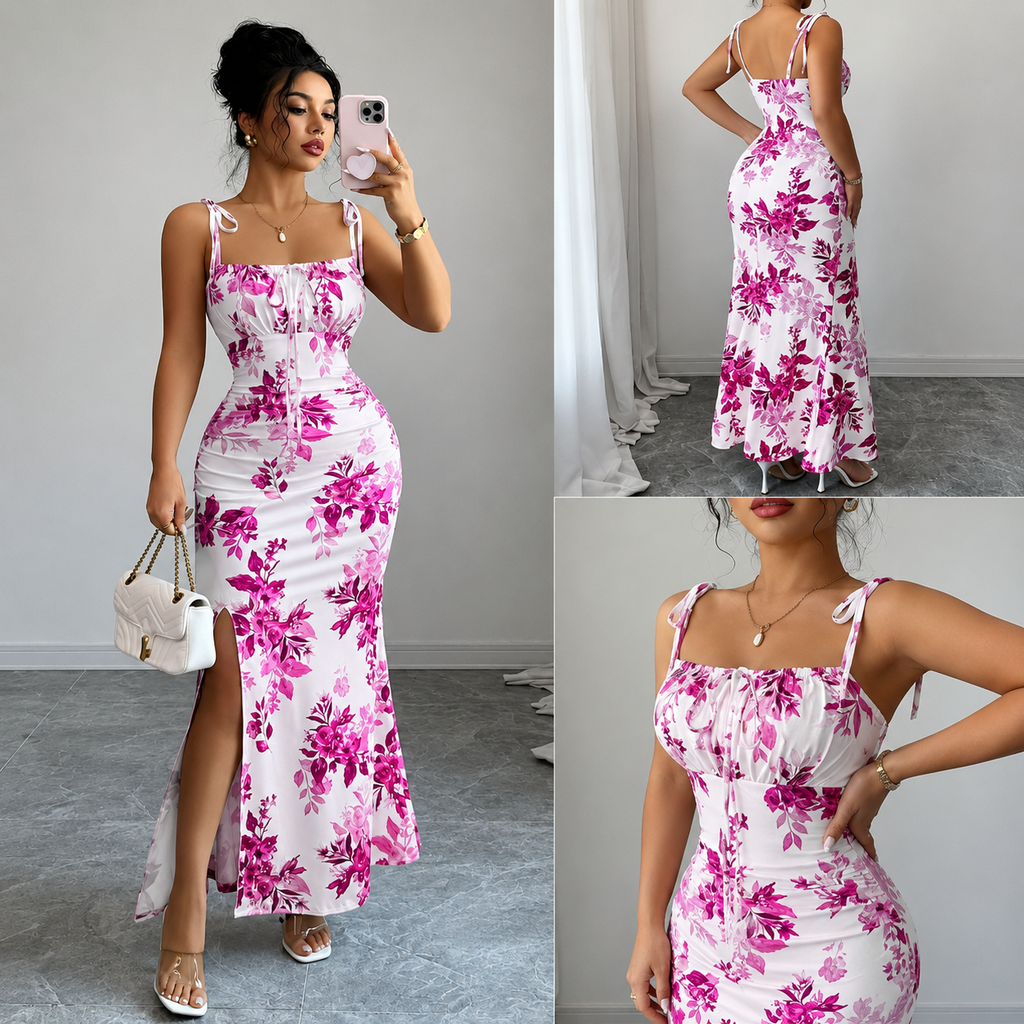 Printed Spaghetti Strap Slit Dress