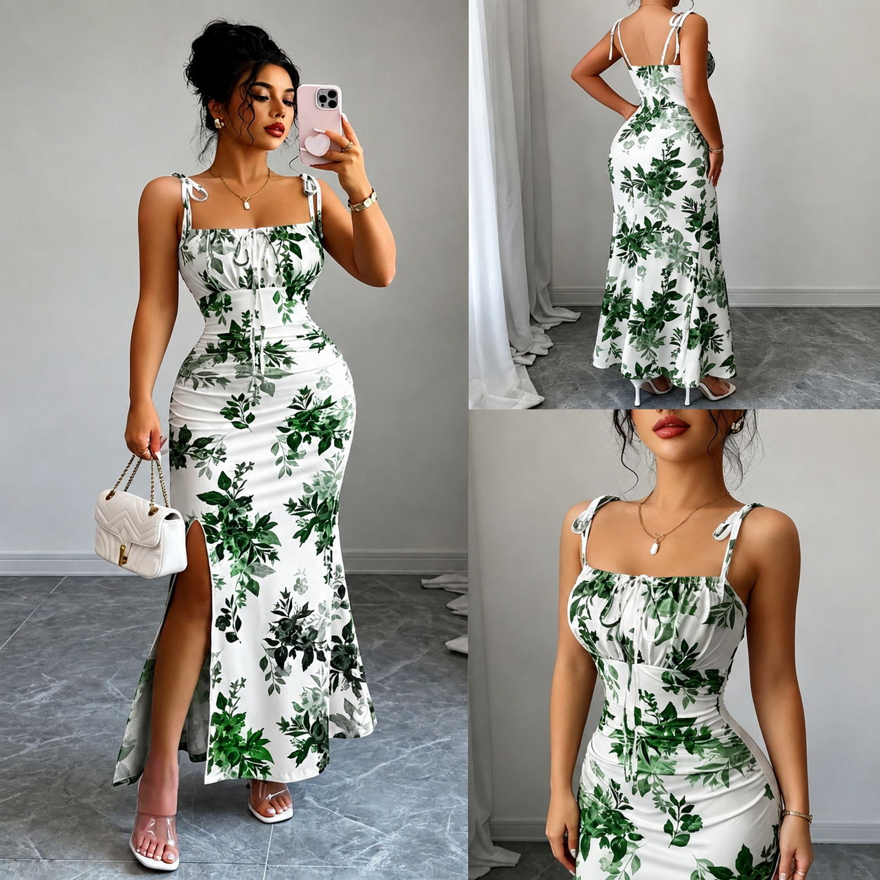Printed Spaghetti Strap Slit Dress