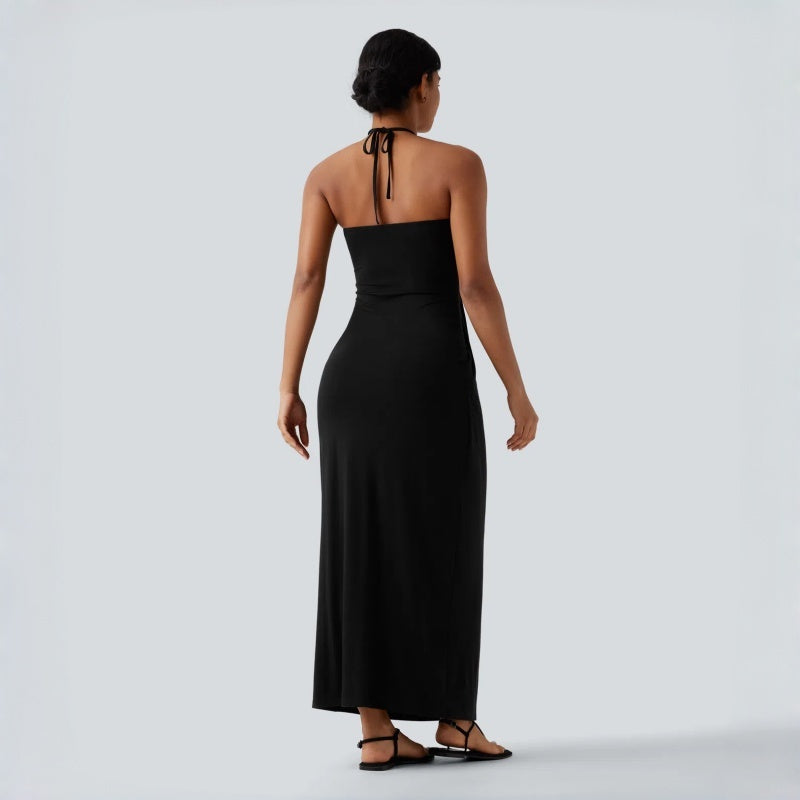 Backless Halter Tie Pocket Maxi Dress