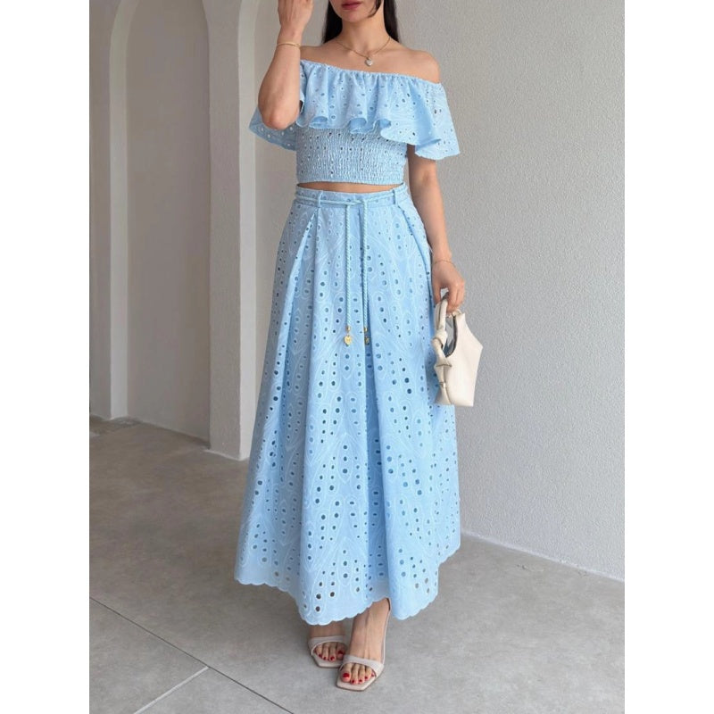 Off Shoulder Cutout Ruffle Skirt Set