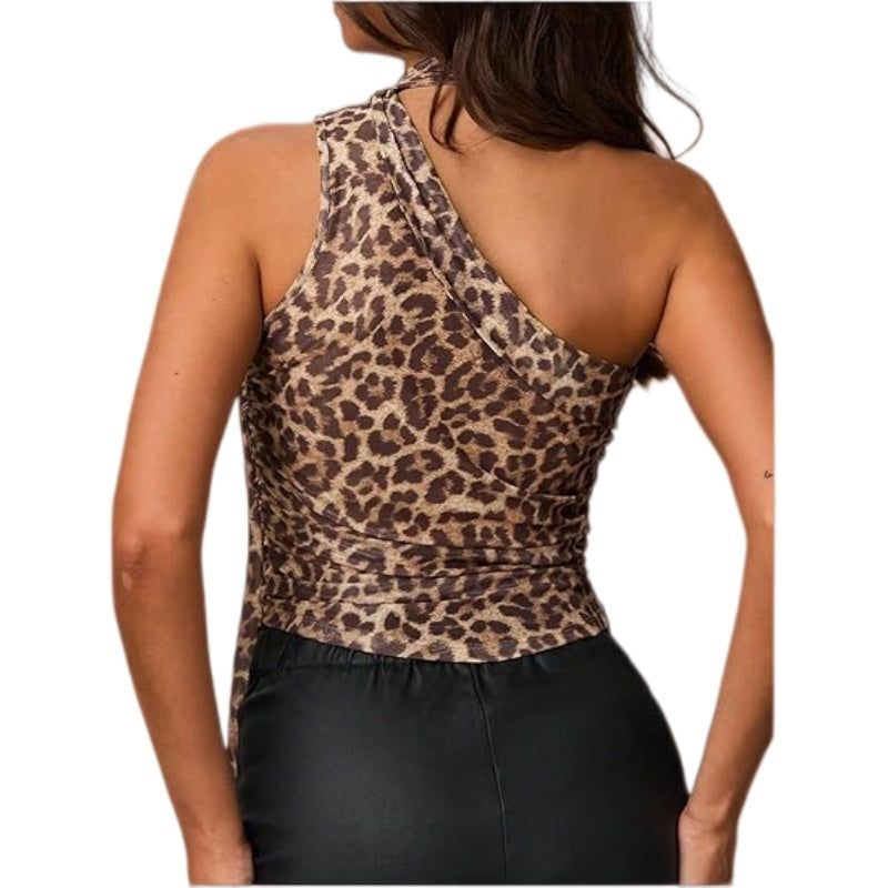 Leopard One Shoulder Sleeveless Crop Top
