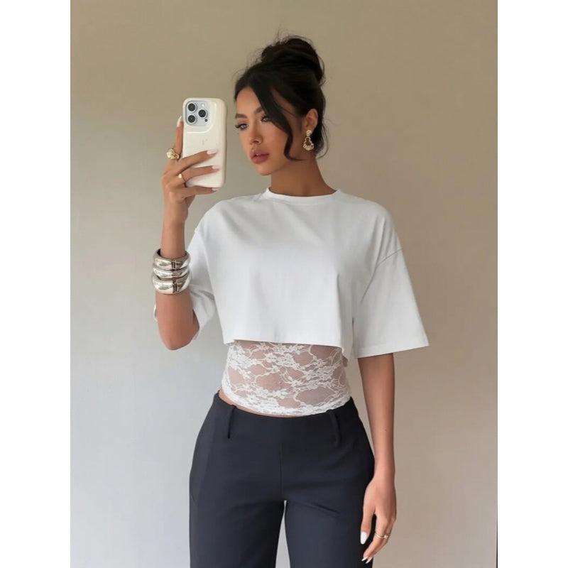 Faux Two Piece Lace Short Sleeve Tee