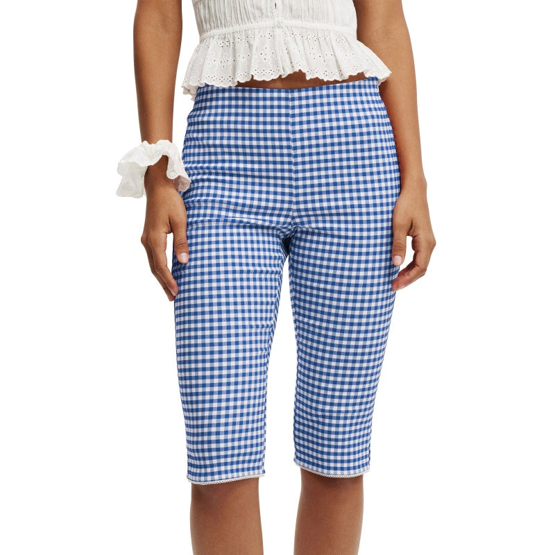 Checked Wide Leg Capri Pants Women
