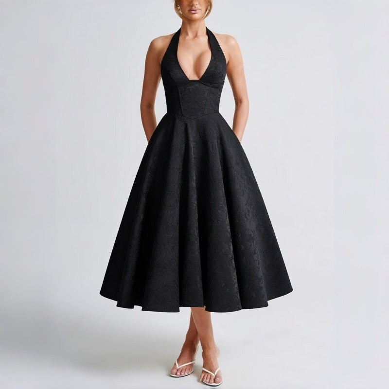 Halter V Neck A Line Midi Dress