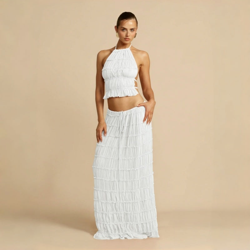 Backless Halter Lace Trim Maxi Dress