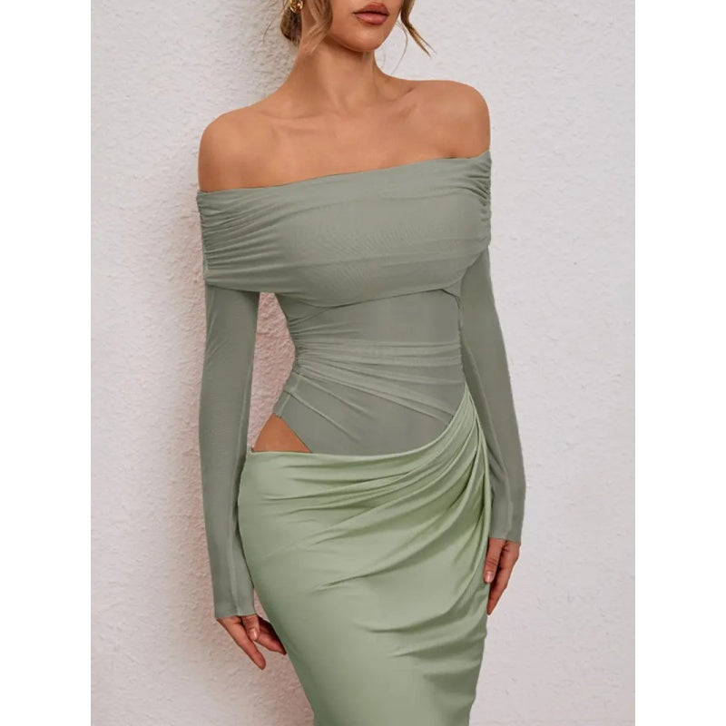 Off Shoulder Sheer Mesh Maxi Dress