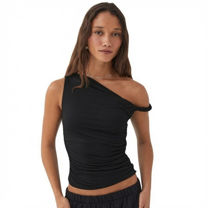 Ruched Asymmetrical Shoulder Top