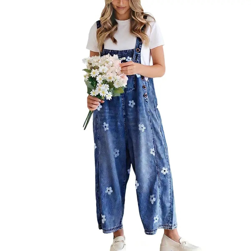 Floral Wide Leg Denim Overalls