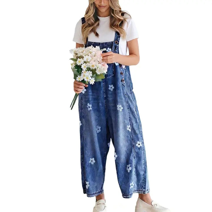 Floral Wide Leg Denim Overalls
