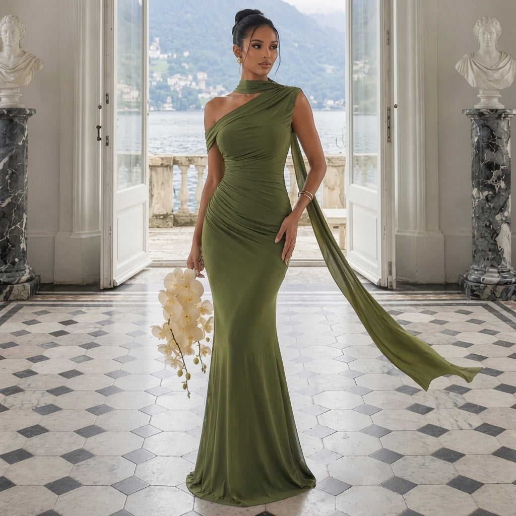 One Shoulder Scarf Mermaid Gown