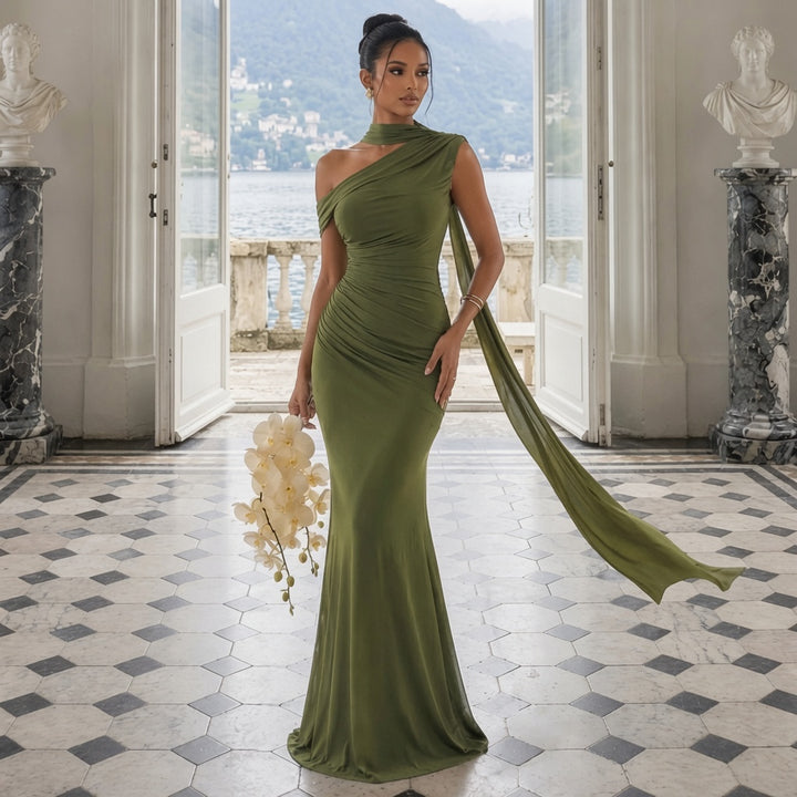 One Shoulder Scarf Mermaid Gown