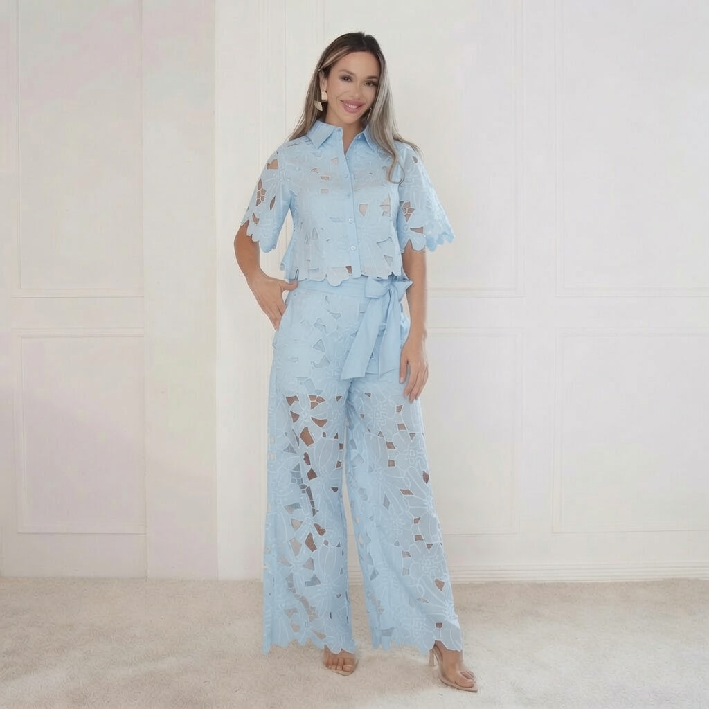 Solid Cutout Cardigan Wide Leg Set