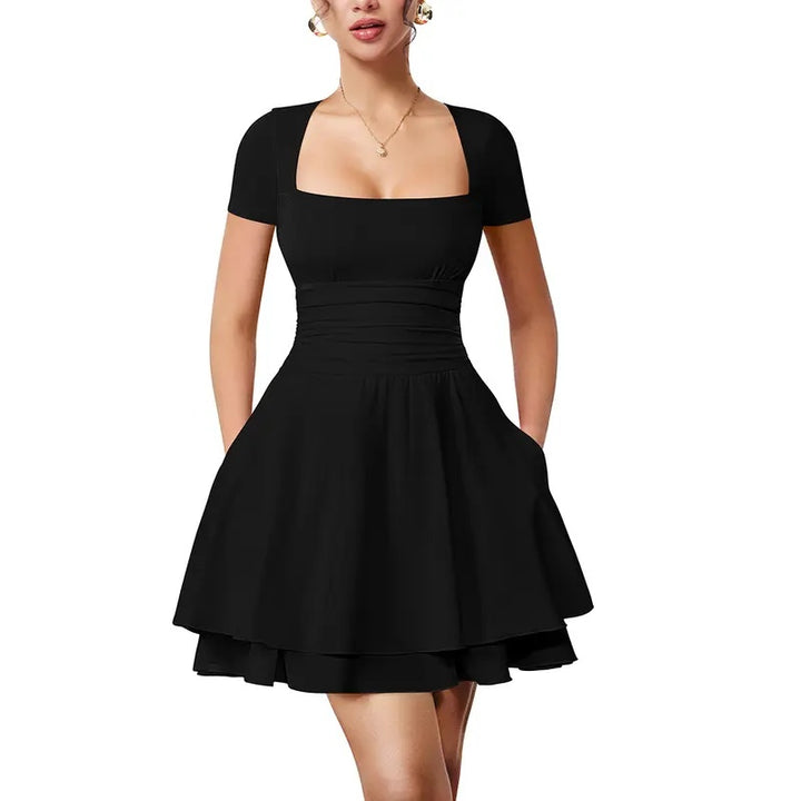 Square Neck Ruffle Pocket Mini Dress
