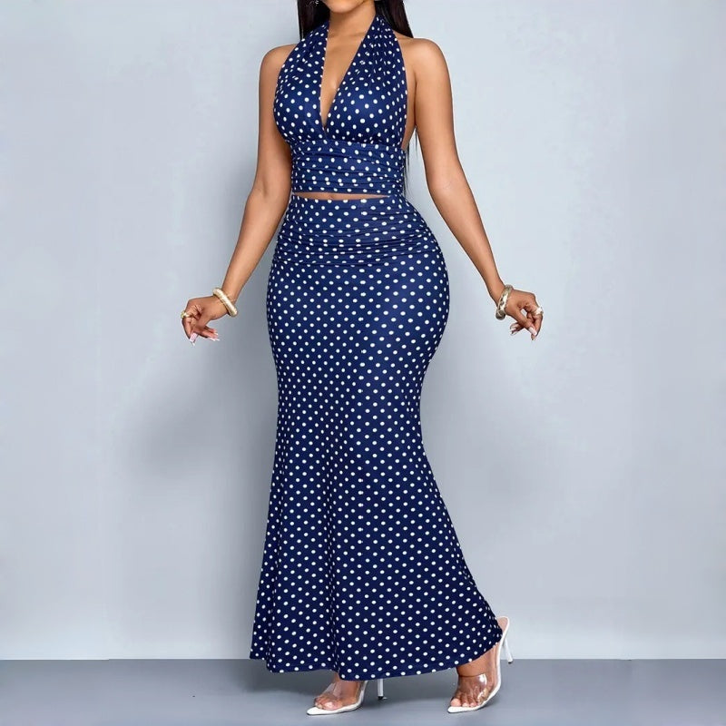 Polka Dot Halter Fishtail Skirt Set