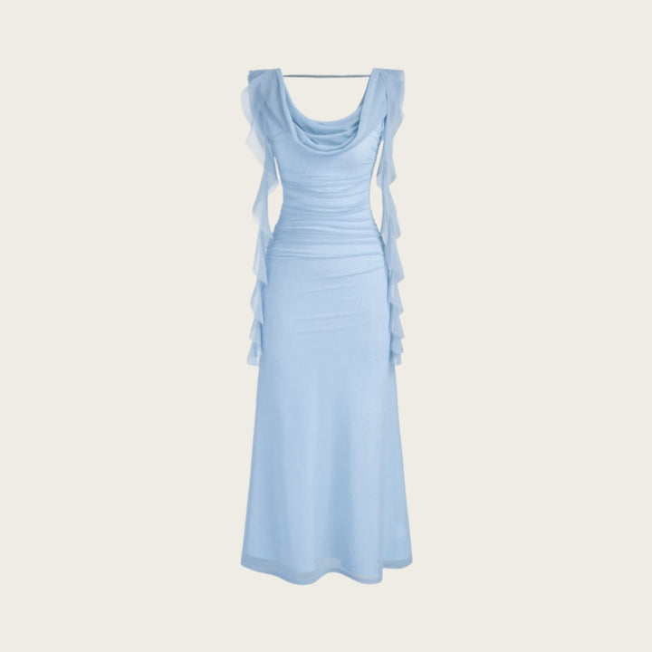 Ruched Ruffle Backless Maxi Dress