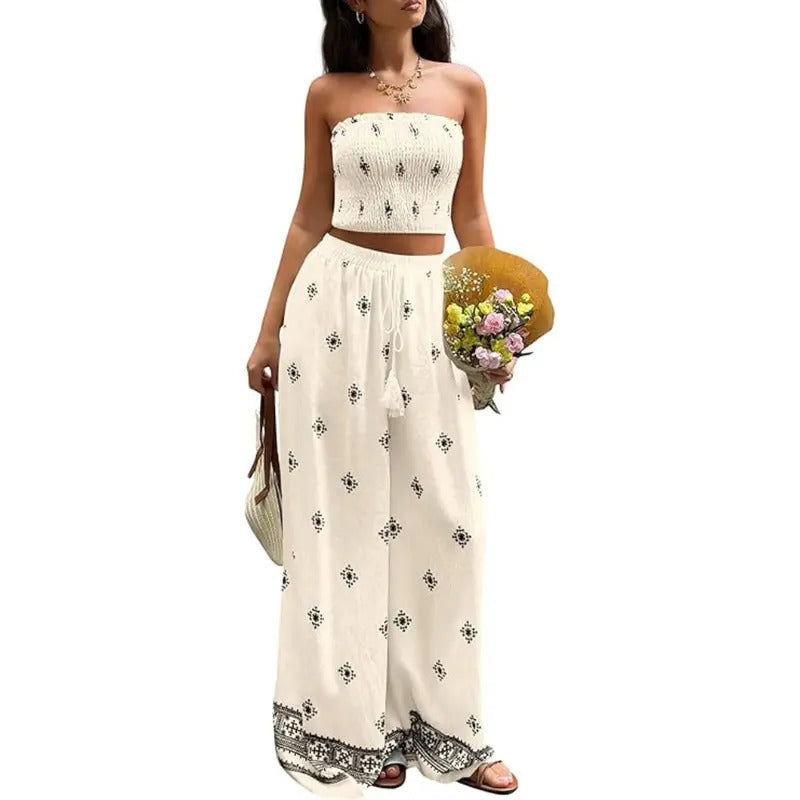 Boho Print High Waist Wide Pants Set