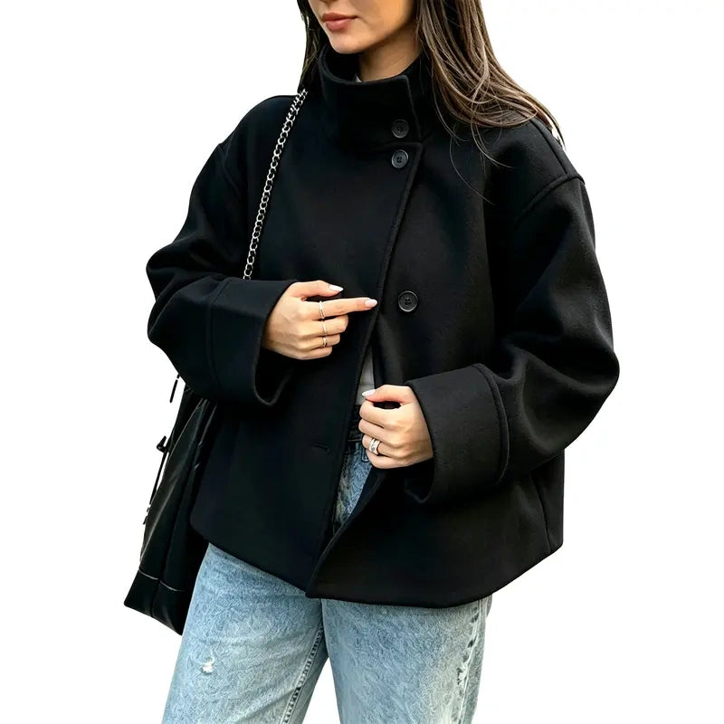 Funnel Neck Cropped Wool Jacket
