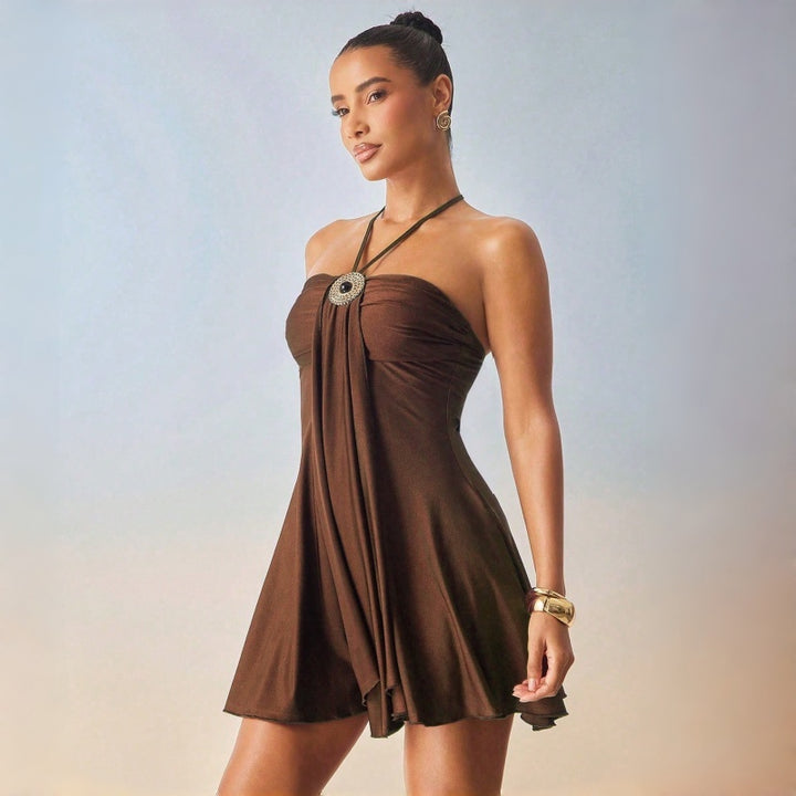 Solid Tie Halter Bandeau Mini Dress