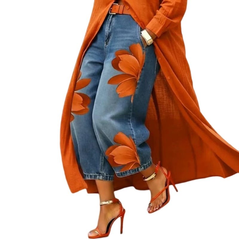 Floral Print Wide Leg Denim Look Pants