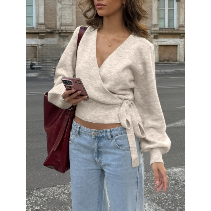 Wrap V Neck Knit Top