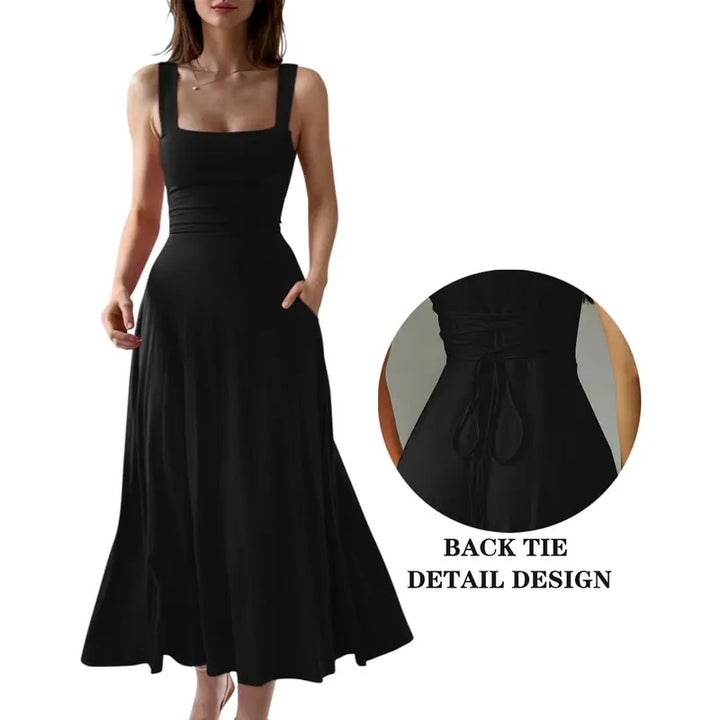 Square Neck Back Tie Pocket Maxi Dress
