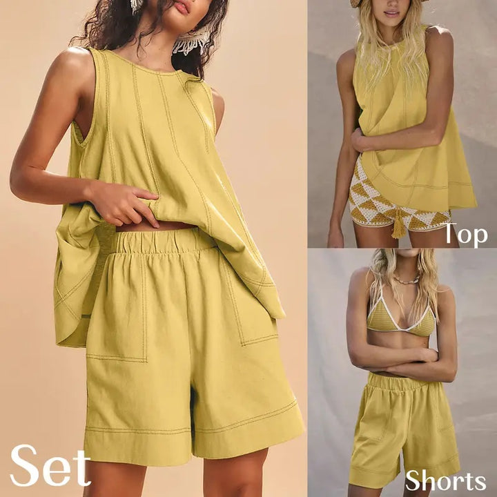 Linen Look Tank Wide Leg Shorts Set