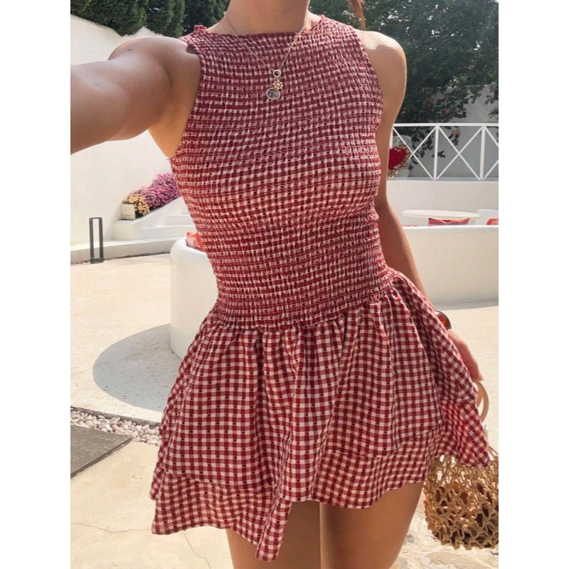 Sleeveless Plaid Asym Bodycon Dress