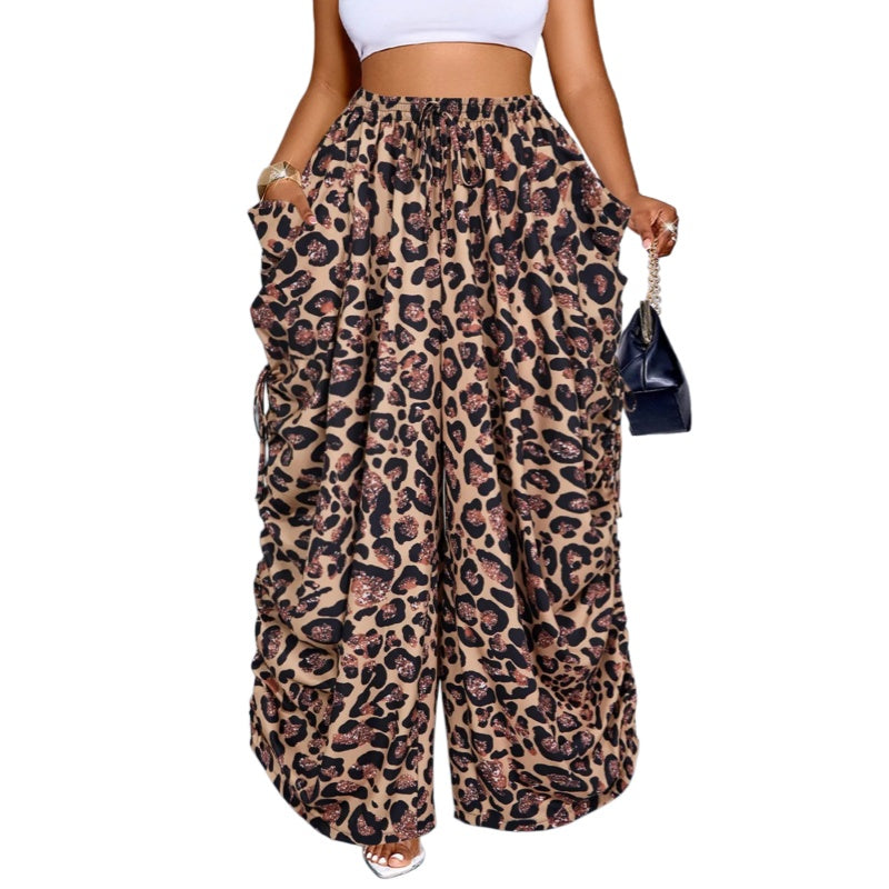 Vintage Leopard Drawstring Wide Leg Pants