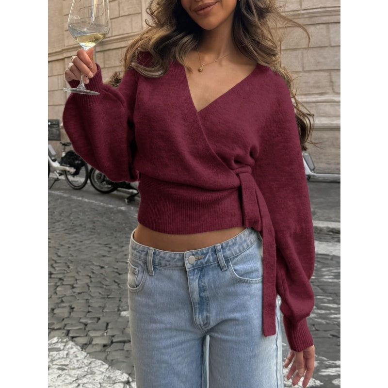 Wrap V Neck Knit Top