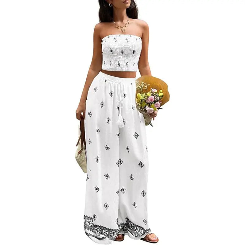 Boho Print High Waist Wide Pants Set