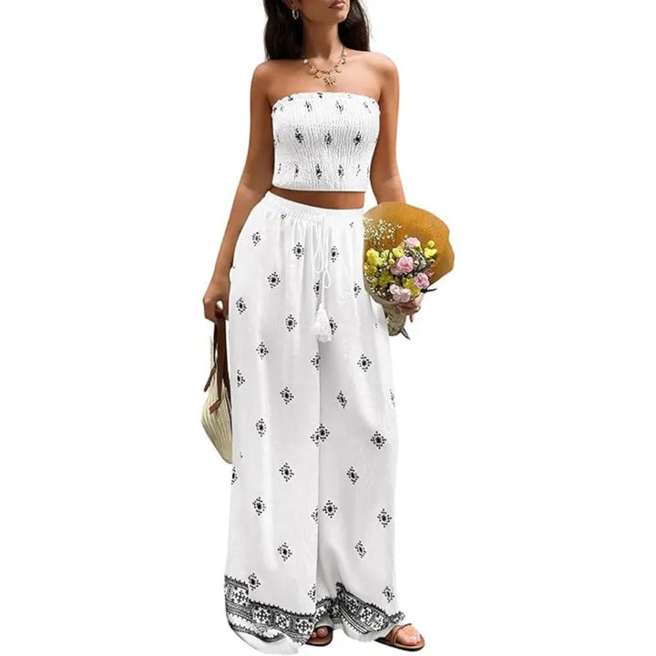 Boho Print High Waist Wide Pants Set