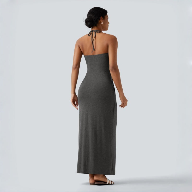 Backless Halter Tie Pocket Maxi Dress