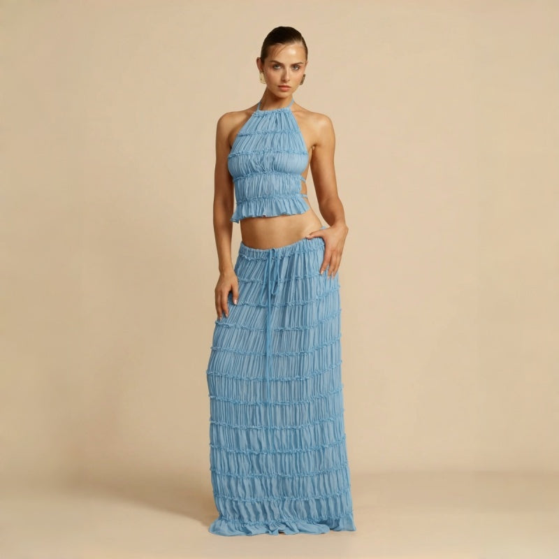 Backless Halter Lace Trim Maxi Dress