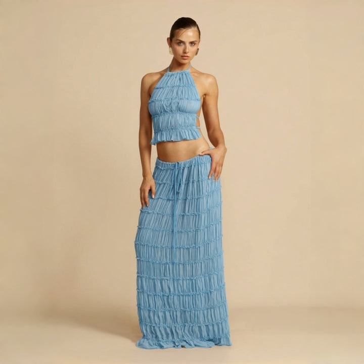 Backless Halter Lace Trim Maxi Dress