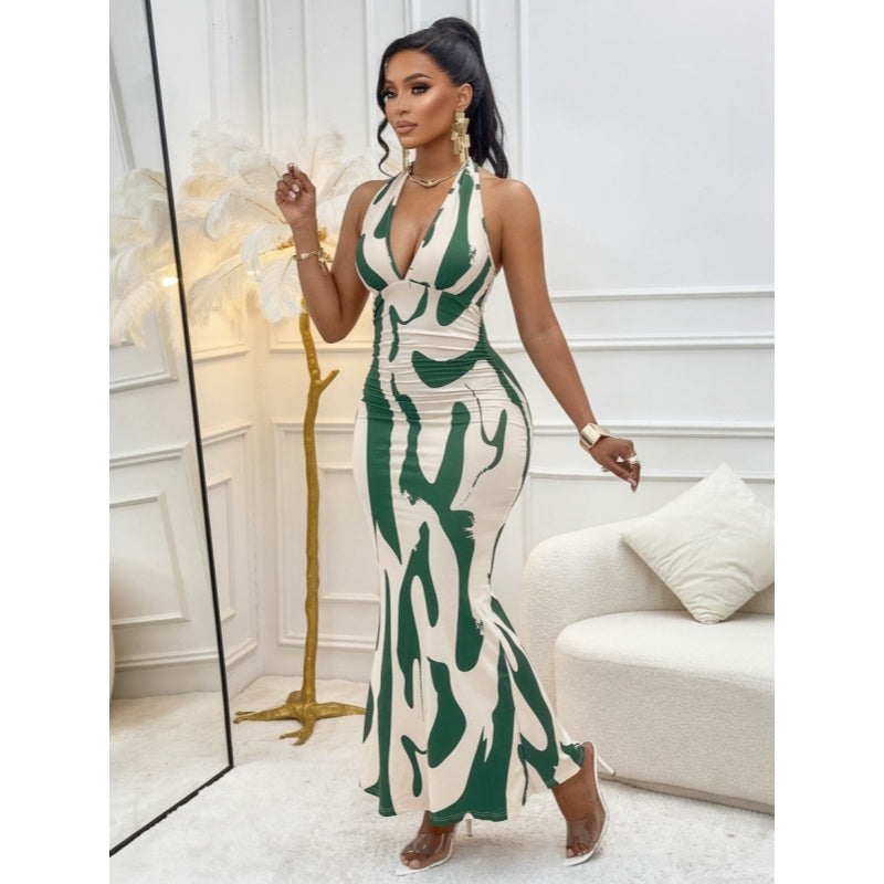 Backless Halter Print Maxi Dress